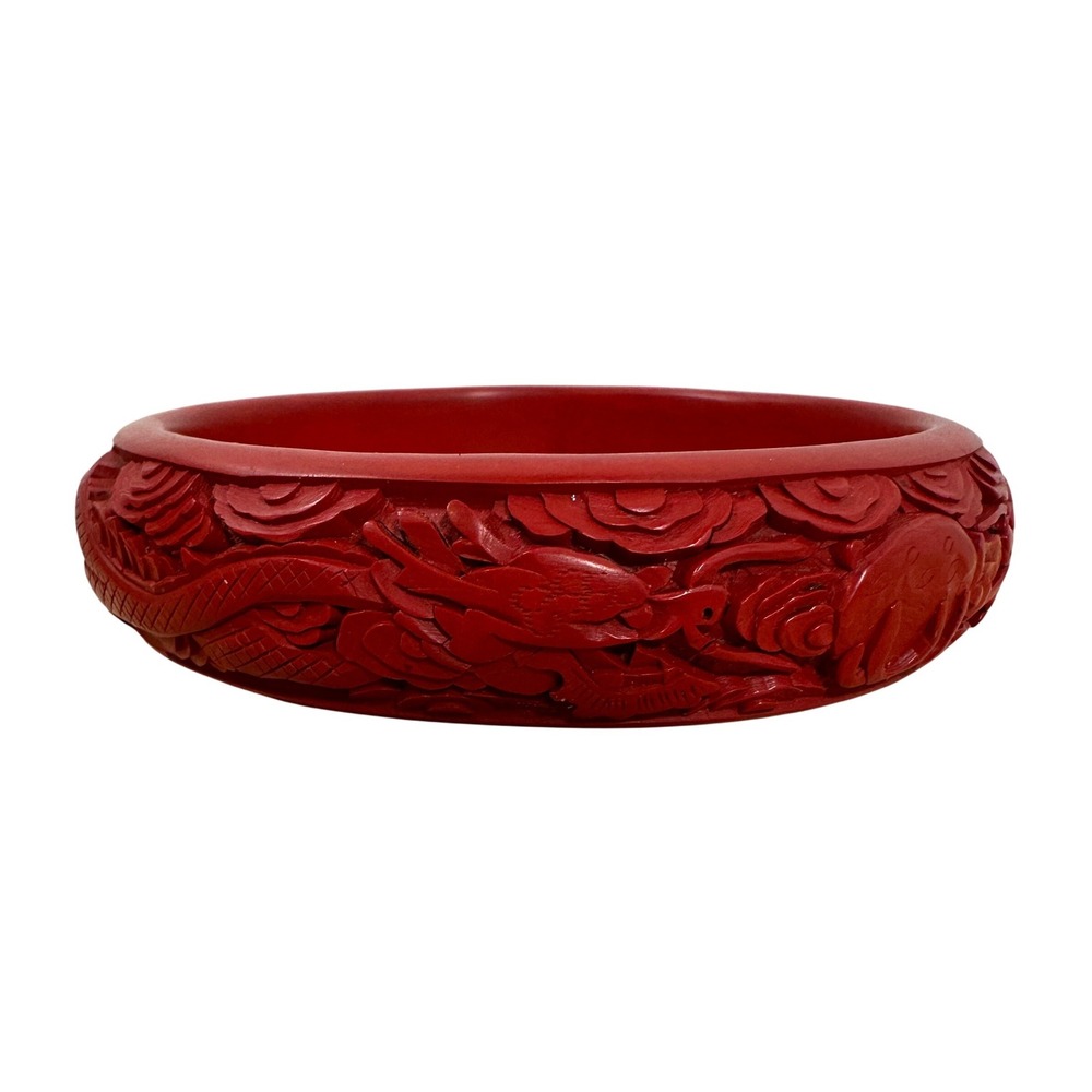 Vintage Red Cinnabar Style Carved Dragon Floral Bangle Bracelet Statement‎ Piece